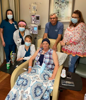 Woman in hospital bed surrounded by friends and family