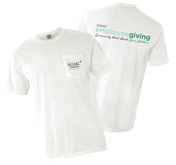 sgmc foundation employee giving t-shirts